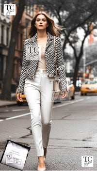 CHANEL 19A Navy Ivory Mix Tweed Cropped Fringe Jacket 38 シャネル アイボリー ネイビー シェベロン クロップド フリンジ ミックス ツイード ジャケット 即発