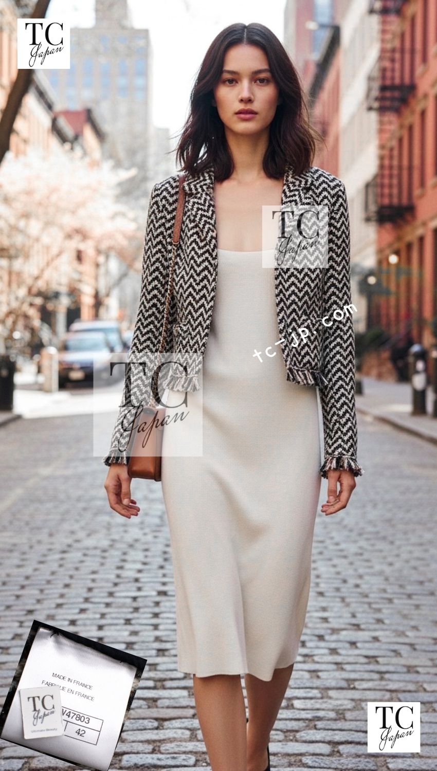 CHANEL 19A Navy Ivory Mix Tweed Cropped Fringe Jacket 38 シャネル アイボリー ネイビー シェベロン クロップド フリンジ ミックス ツイード ジャケット 即発
