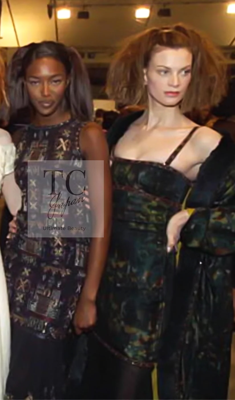 CHANEL 97A Black Green Watercolour Beaded Dress 34 36 シャネル ブラック グリーン CC ロゴ ビーズ装飾 ワンピース