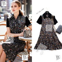 CHANEL 13B Black Silk CC Button Series Velvet Short Sleeve Dress 36 38 シャネル シルク CC ボタン シリーズ 柄 ベルベット 半袖 ワンピース 即発