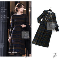 CHANEL 20C Olive Green Navy Striped Cashmere Knit Dress 36 1