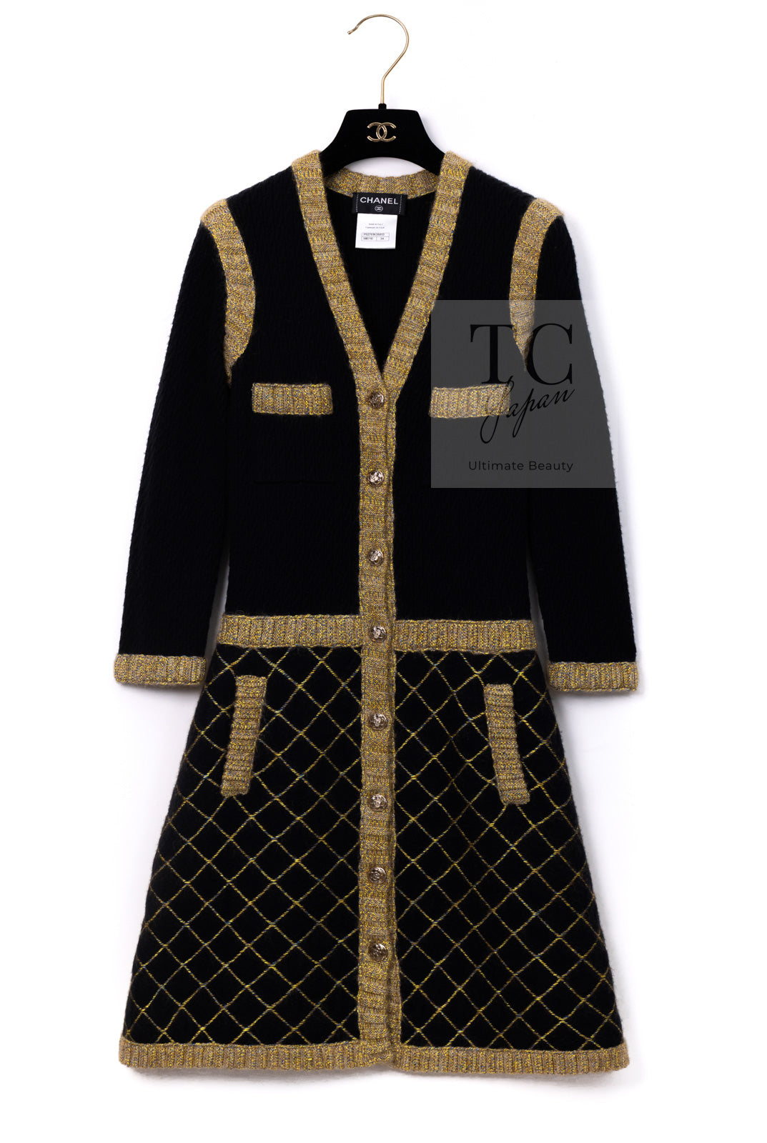 CHANEL 15A Black Yellow Gold Matelasse Quilted Silk Cashmere Mohair Knit Cardigan Dress 34 36 シャネル ブラック イエロー ゴールド マトラッセ キルティング シルク カシミヤ モヘヤ ニット カーディガン ワンピース 即発