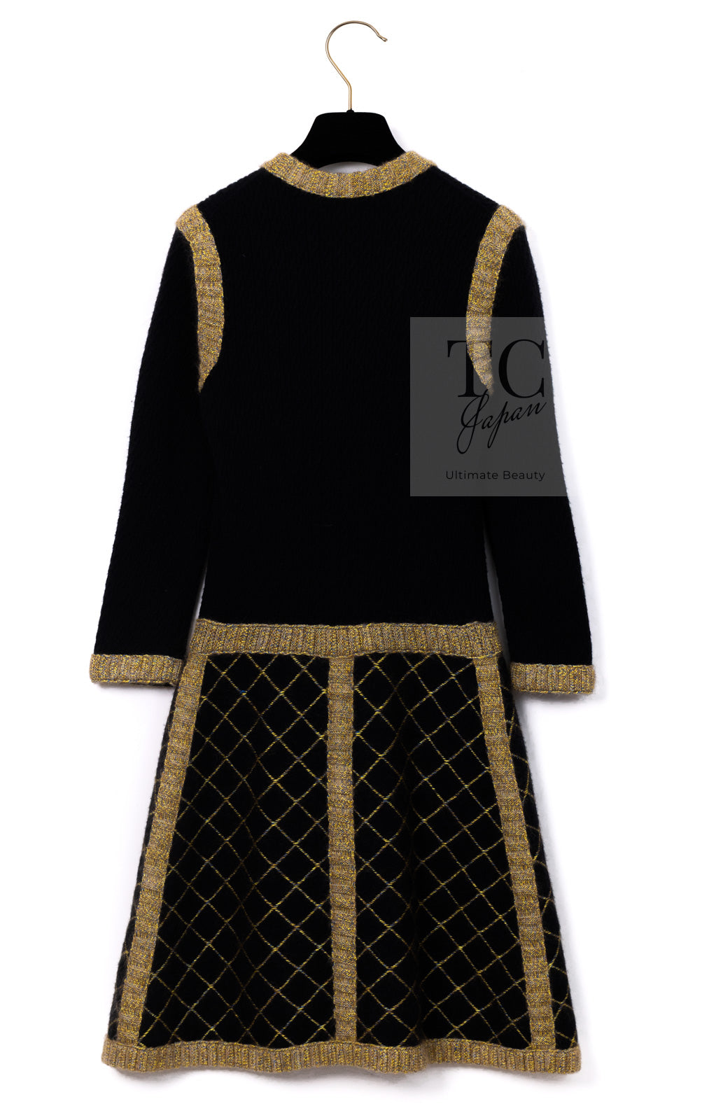 CHANEL 15A Black Yellow Gold Matelasse Quilted Silk Cashmere Mohair Knit Cardigan Dress 34 36 シャネル ブラック イエロー ゴールド マトラッセ キルティング シルク カシミヤ モヘヤ ニット カーディガン ワンピース 即発
