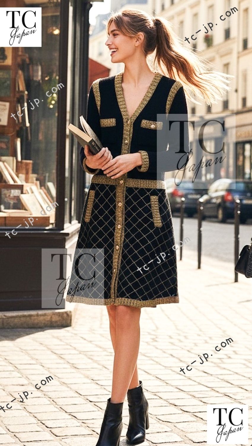 CHANEL 15A Black Yellow Gold Matelasse Quilted Silk Cashmere Mohair Knit Cardigan Dress 34 36 シャネル ブラック イエロー ゴールド マトラッセ キルティング シルク カシミヤ モヘヤ ニット カーディガン ワンピース 即発