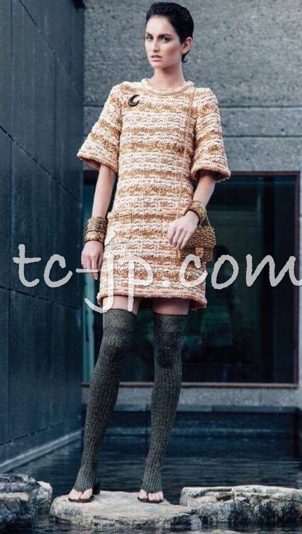 CHANEL 15C Camel Creme Pink Striped Knit Dress 42 シャネル キャメル クリーム ピンク ストライプ グリポワ ボタン ニット ワンピース 即発