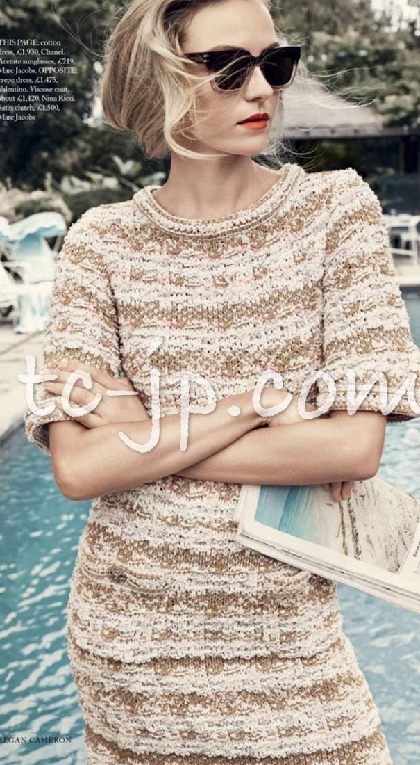 CHANEL 15C Camel Creme Pink Striped Knit Dress 42 シャネル キャメル クリーム ピンク ストライプ グリポワ ボタン ニット ワンピース 即発