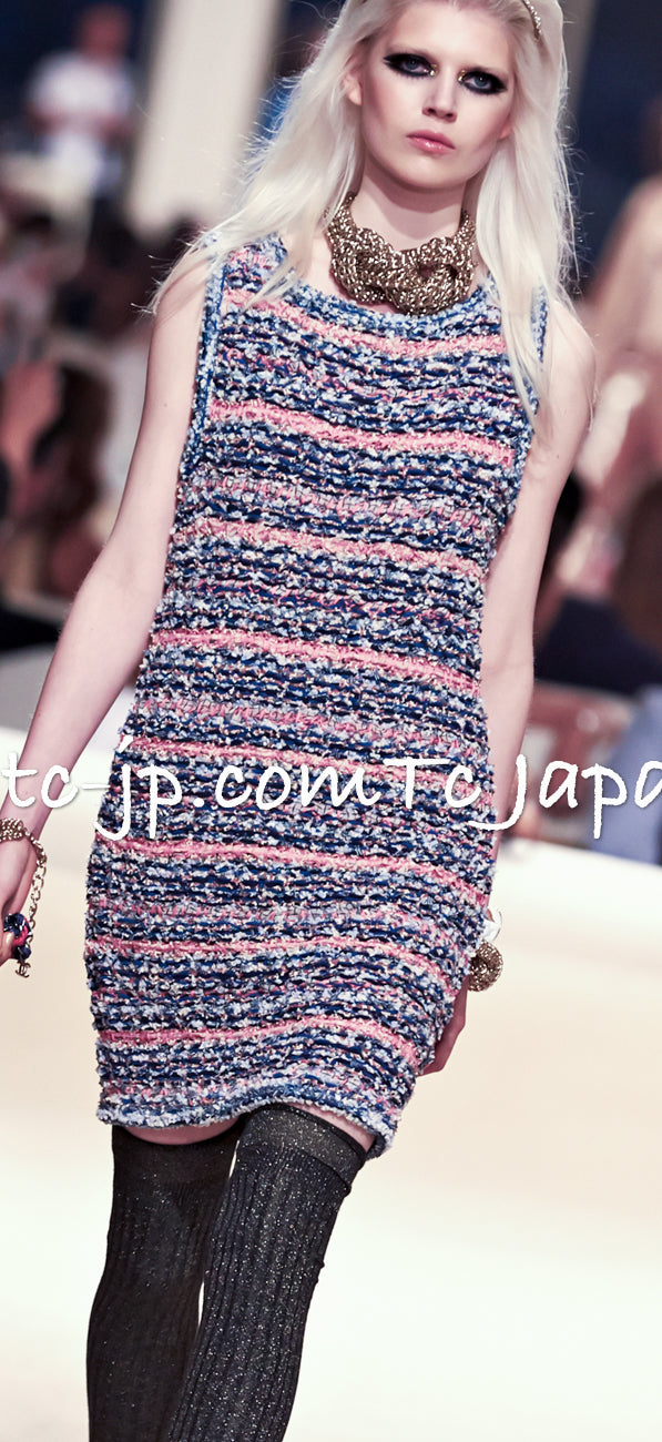 CHANEL 15C Camel Creme Pink Striped Knit Dress 42 シャネル キャメル クリーム ピンク ストライプ グリポワ ボタン ニット ワンピース 即発