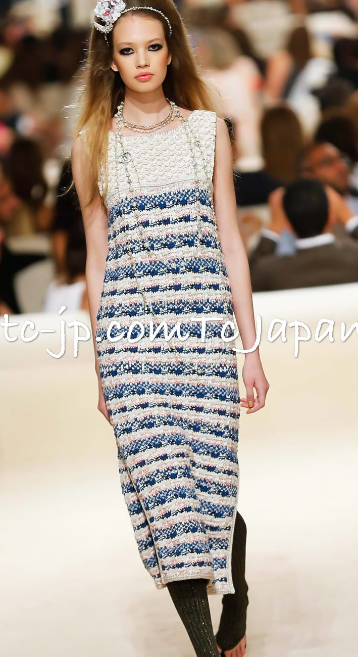 CHANEL 15C Camel Creme Pink Striped Knit Dress 42 シャネル キャメル クリーム ピンク ストライプ グリポワ ボタン ニット ワンピース 即発