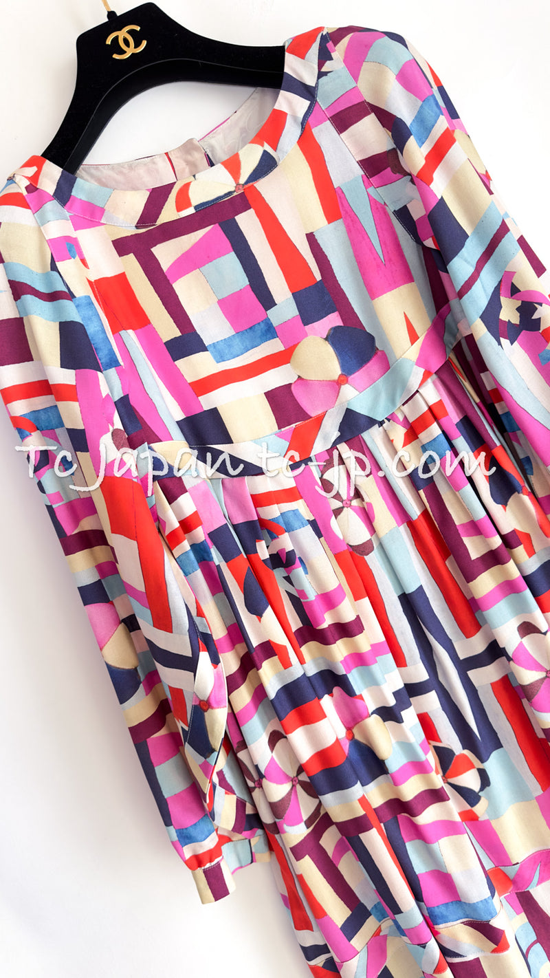 CHANEL 16C Multi Color Silk Runway Long Sleeve Flared Dress 36 シャネル マルチカラー パラソル柄 シルク 長袖 フレアー ワンピース 即発