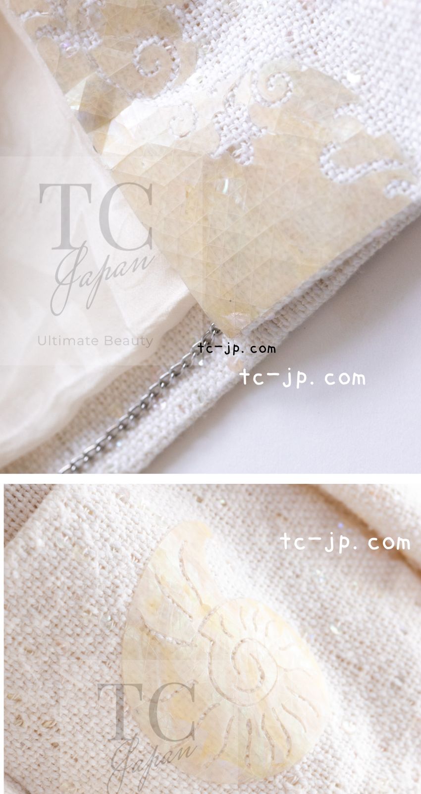 CHANEL 12S Creme Ivory Cotton Seashell Mosaic Decoration Jacket 40 42 シャネル クリーム アイボリー コットン 貝殻モザイク 装飾 ジャケット 即発