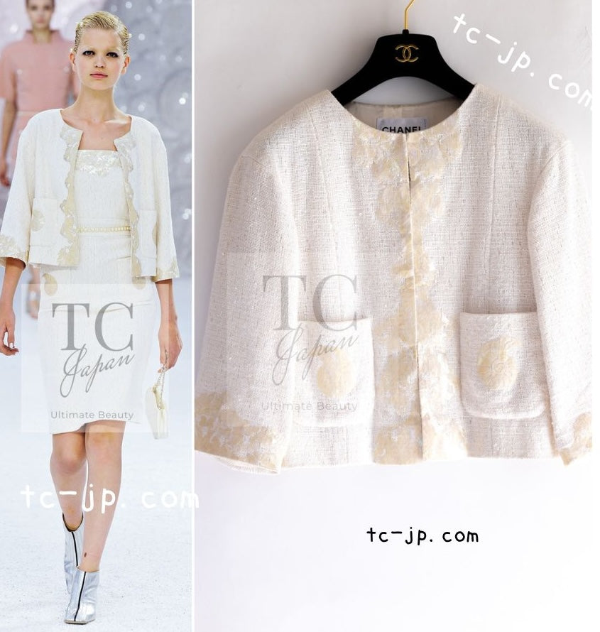 CHANEL 12S Creme Ivory Cotton Seashell Mosaic Decoration Jacket 40 42 シャネル クリーム アイボリー コットン 貝殻モザイク 装飾 ジャケット 即発