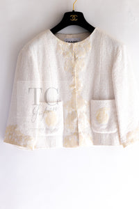 CHANEL 12S Creme Ivory Cotton Seashell Mosaic Decoration Jacket 40 42 シャネル クリーム アイボリー コットン 貝殻モザイク 装飾 ジャケット 即発