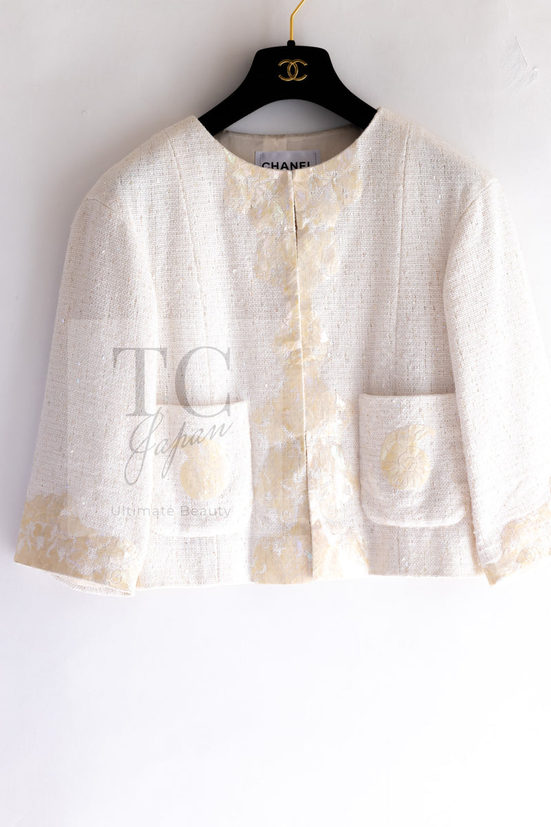 CHANEL 12S Creme Ivory Cotton Seashell Mosaic Decoration Jacket 40 42 シャネル クリーム アイボリー コットン 貝殻モザイク 装飾 ジャケット 即発