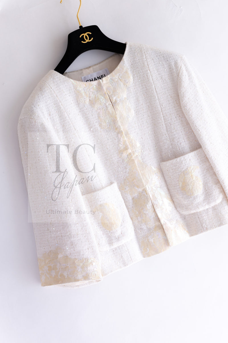 CHANEL 12S Creme Ivory Cotton Seashell Mosaic Decoration Jacket 40 42 シャネル クリーム アイボリー コットン 貝殻モザイク 装飾 ジャケット 即発