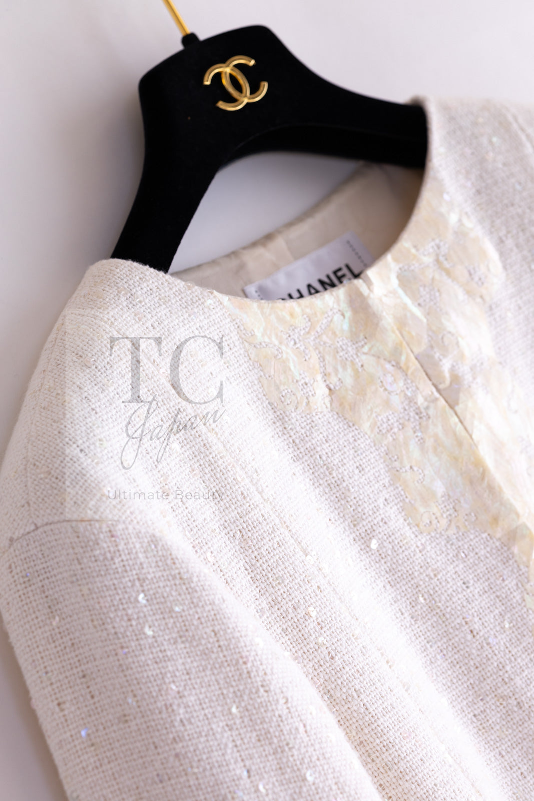 CHANEL 12S Creme Ivory Cotton Seashell Mosaic Decoration Jacket 40 42 シャネル クリーム アイボリー コットン 貝殻モザイク 装飾 ジャケット 即発