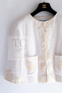 CHANEL 12S Creme Ivory Cotton Seashell Mosaic Decoration Jacket 40 42 シャネル クリーム アイボリー コットン 貝殻モザイク 装飾 ジャケット 即発