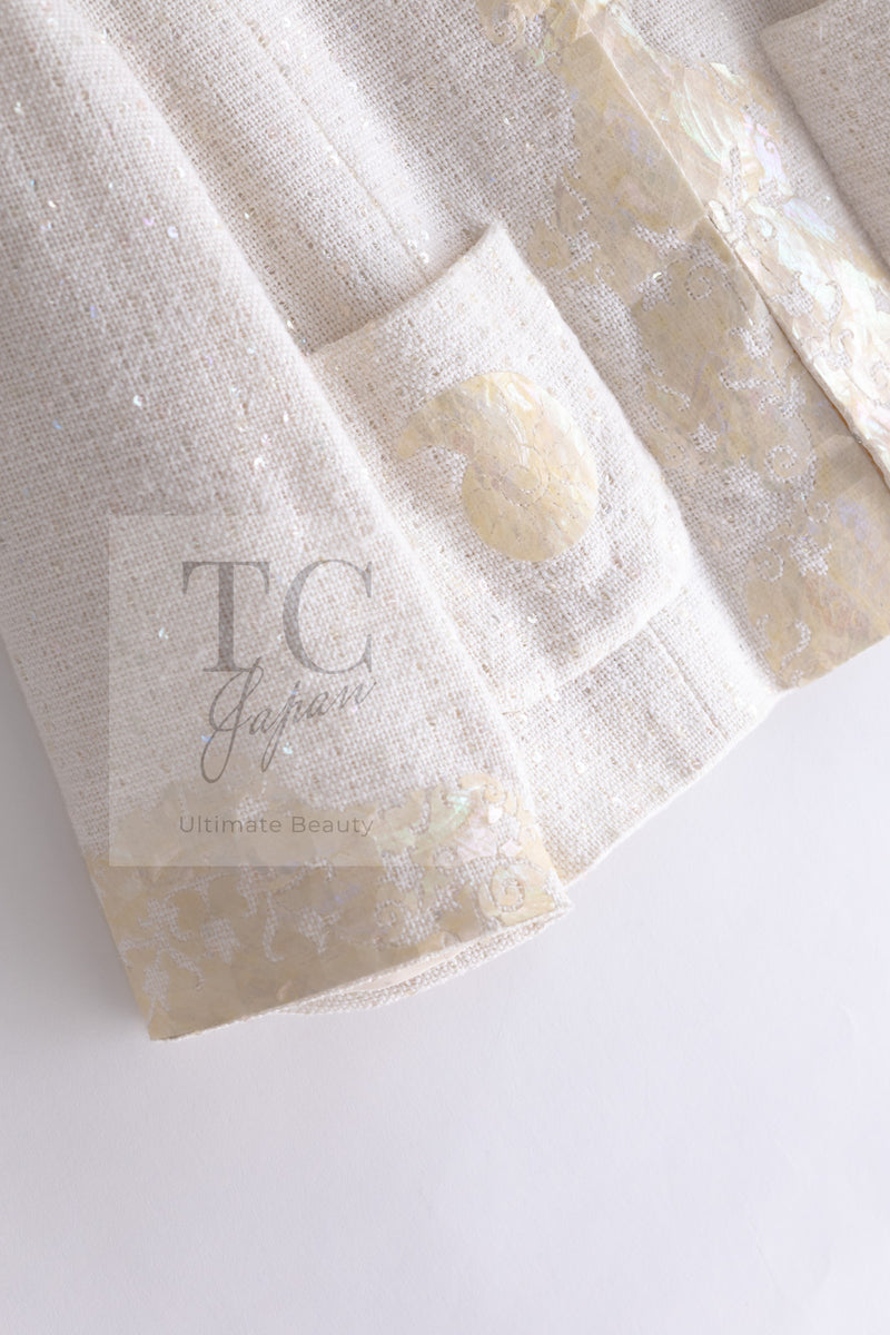 CHANEL 12S Creme Ivory Cotton Seashell Mosaic Decoration Jacket 40 42 シャネル クリーム アイボリー コットン 貝殻モザイク 装飾 ジャケット 即発