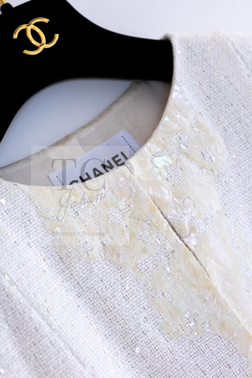 CHANEL 12S Creme Ivory Cotton Seashell Mosaic Decoration Jacket 40 42 シャネル クリーム アイボリー コットン 貝殻モザイク 装飾 ジャケット 即発