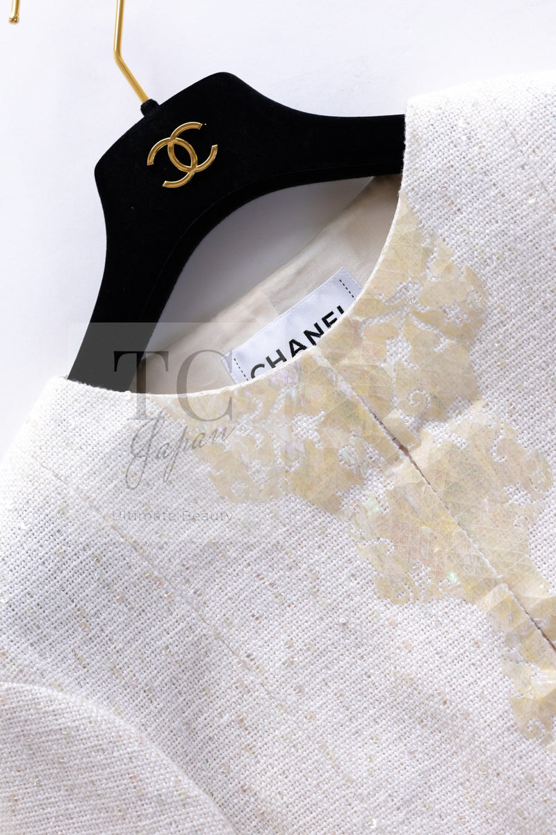 CHANEL 12S Creme Ivory Cotton Seashell Mosaic Decoration Jacket 40 42 シャネル クリーム アイボリー コットン 貝殻モザイク 装飾 ジャケット 即発