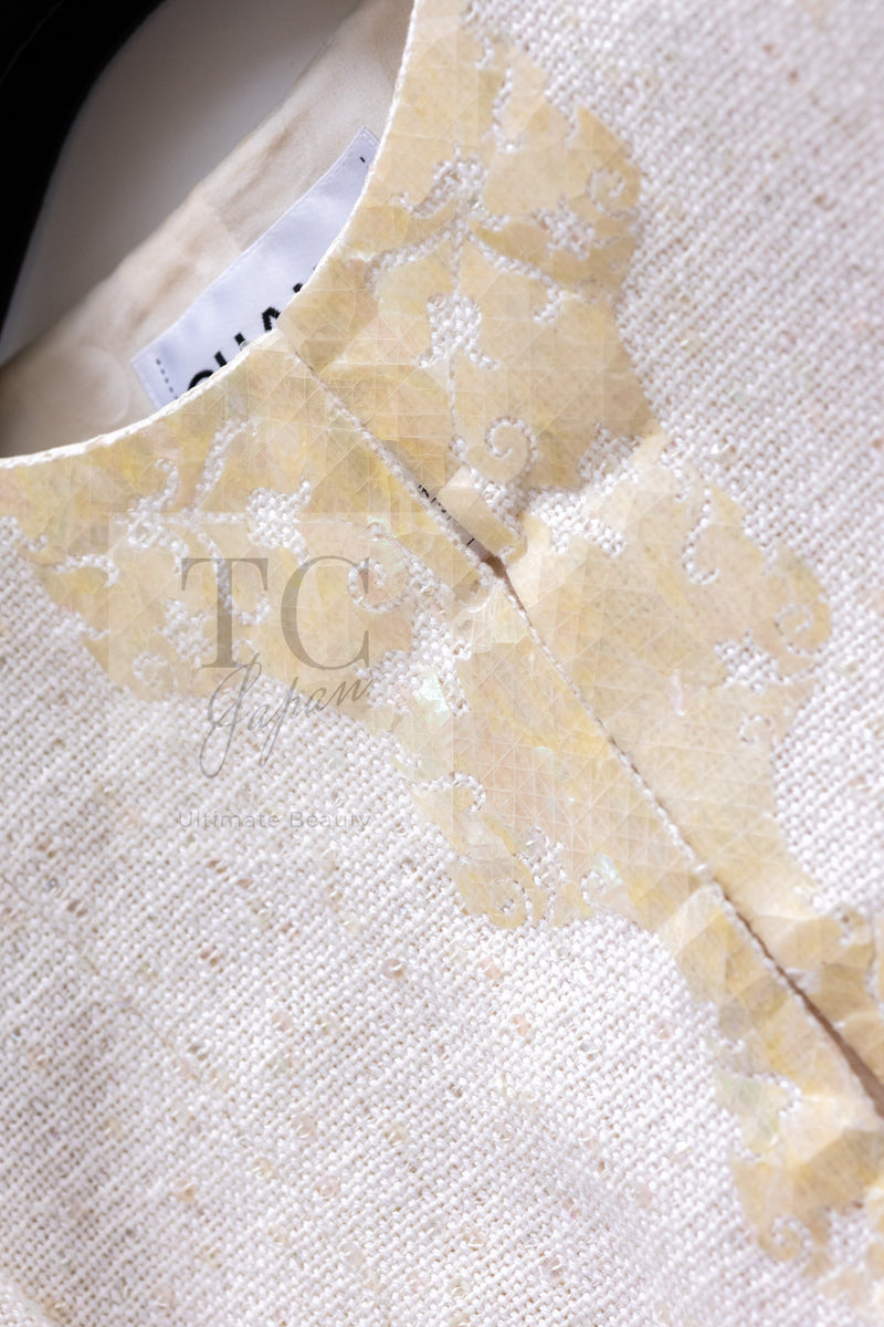 CHANEL 12S Creme Ivory Cotton Seashell Mosaic Decoration Jacket 40 42 シャネル クリーム アイボリー コットン 貝殻モザイク 装飾 ジャケット 即発