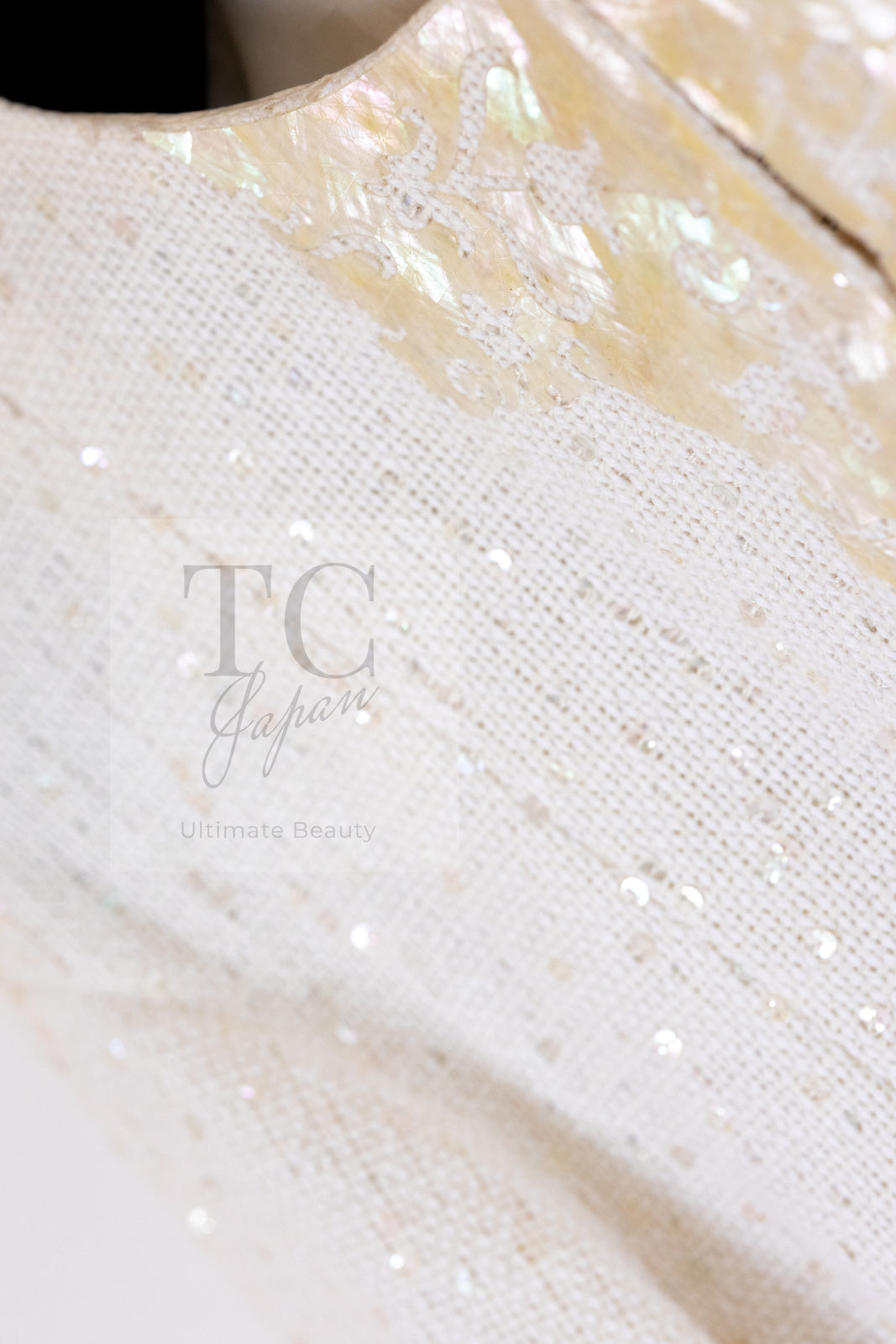 CHANEL 12S Creme Ivory Cotton Seashell Mosaic Decoration Jacket 40 42 シャネル クリーム アイボリー コットン 貝殻モザイク 装飾 ジャケット 即発
