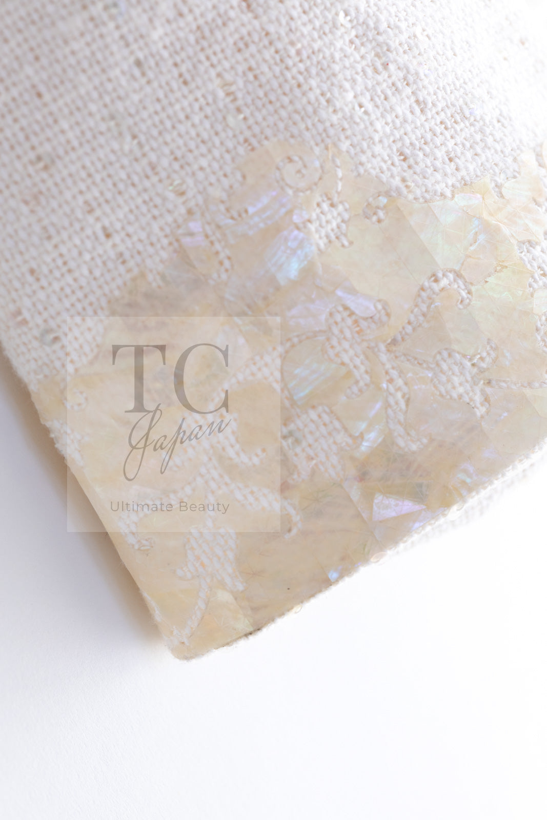 CHANEL 12S Creme Ivory Cotton Seashell Mosaic Decoration Jacket 40 42 シャネル クリーム アイボリー コットン 貝殻モザイク 装飾 ジャケット 即発