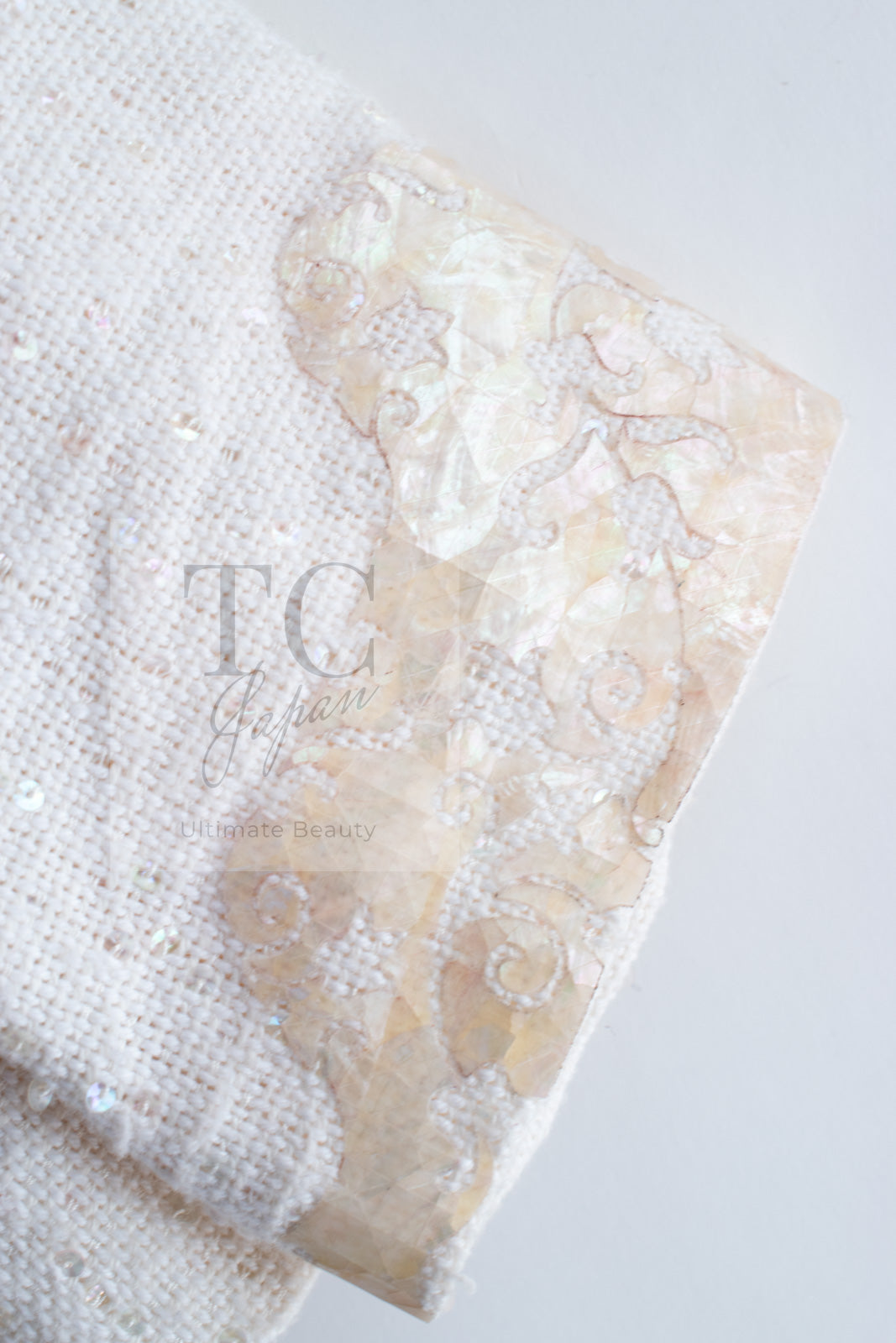 CHANEL 12S Creme Ivory Cotton Seashell Mosaic Decoration Jacket 40 42 シャネル クリーム アイボリー コットン 貝殻モザイク 装飾 ジャケット 即発
