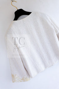 CHANEL 12S Creme Ivory Cotton Seashell Mosaic Decoration Jacket 40 42 シャネル クリーム アイボリー コットン 貝殻モザイク 装飾 ジャケット 即発