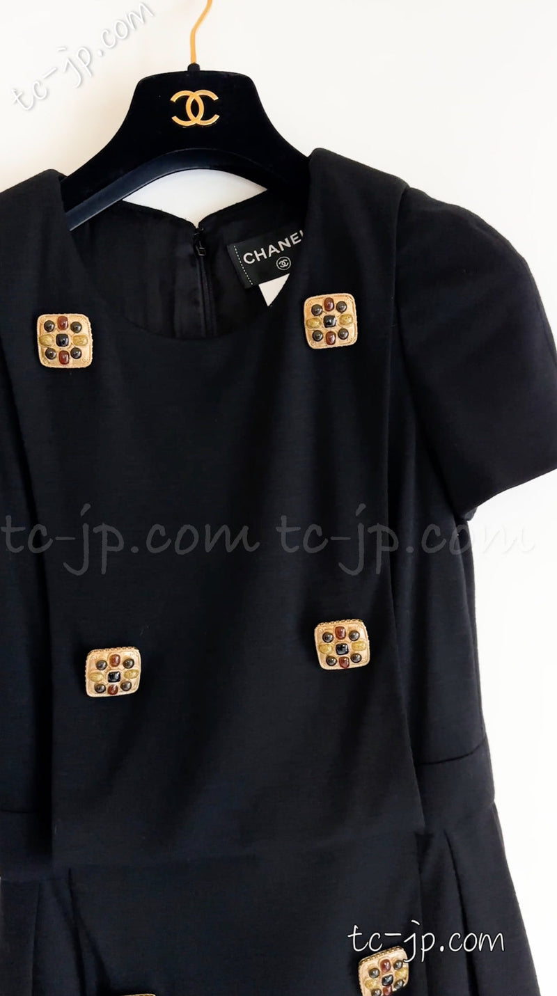 CHANEL 11PF Black Wool Gripox Jewel Buttons Dress 34 シャネル ブラック グリポワ宝石装飾 ウール ワンピース 即発