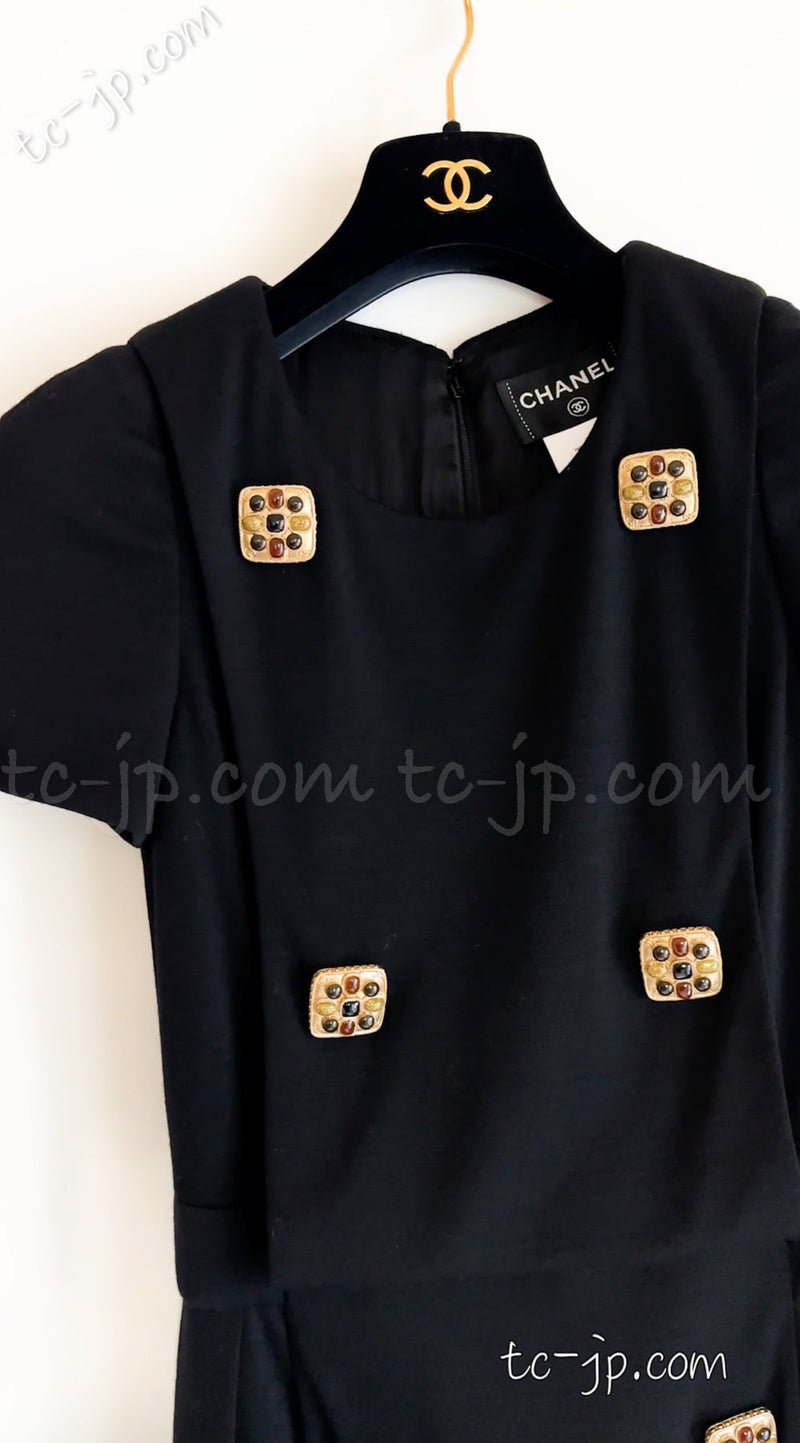 CHANEL 11PF Black Wool Gripox Jewel Buttons Dress 34 シャネル ブラック グリポワ宝石装飾 ウール ワンピース 即発