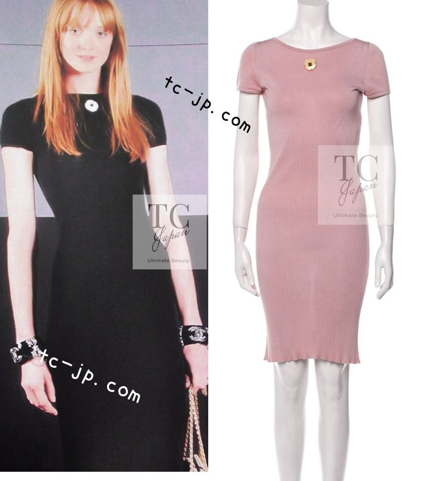 シャネル ワンピース CHANEL 淡い モス ピンク カメリア装飾 ニット