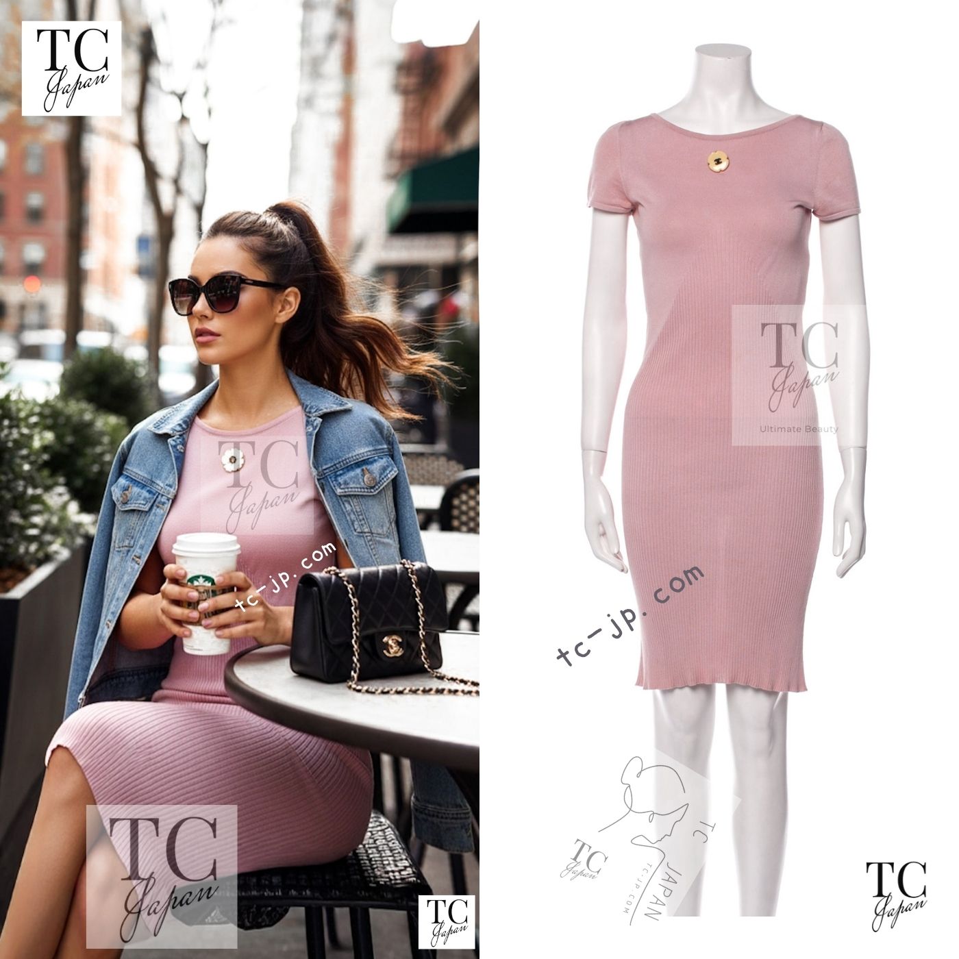 CHANEL 11S Pale Moss Pink Camellia Knit Stretch Soft Dress 34 シャネル 淡い モス ピンク カメリア装飾 ニット ストレッチ ソフト ワンピース 即発
