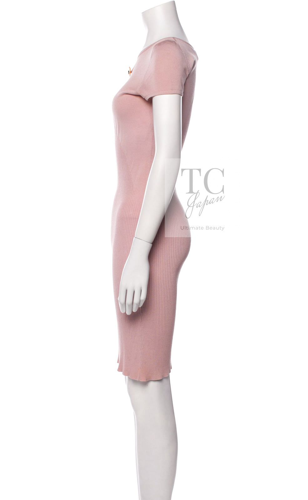 シャネル ワンピース CHANEL 淡い モス ピンク カメリア装飾 ニット