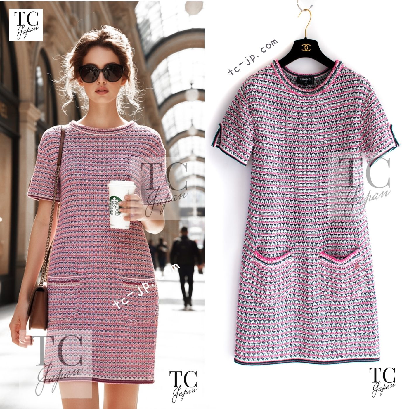 CHANEL 17S Pink Multi Cotton Blend Knit Stretch Dress 40 シャネル ピンク マルチ コットン ブレンド ニット ストレッチ ワンピース 即発