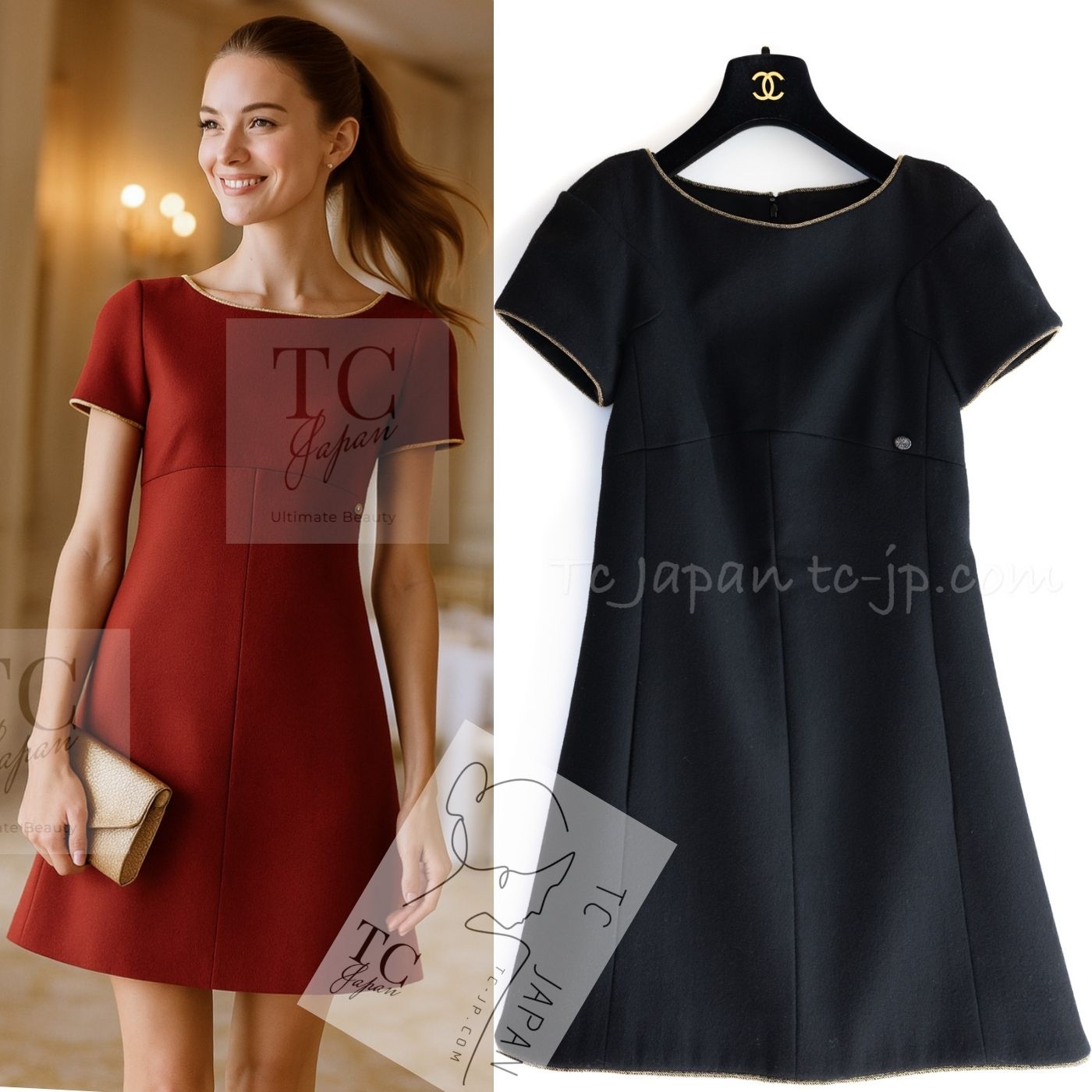 CHANEL 15PF Black Gold Trim Melton Wool 100 Dress 34 36 シャネル ブラック ゴールド トリム メルトン ウール ワンピース 即発