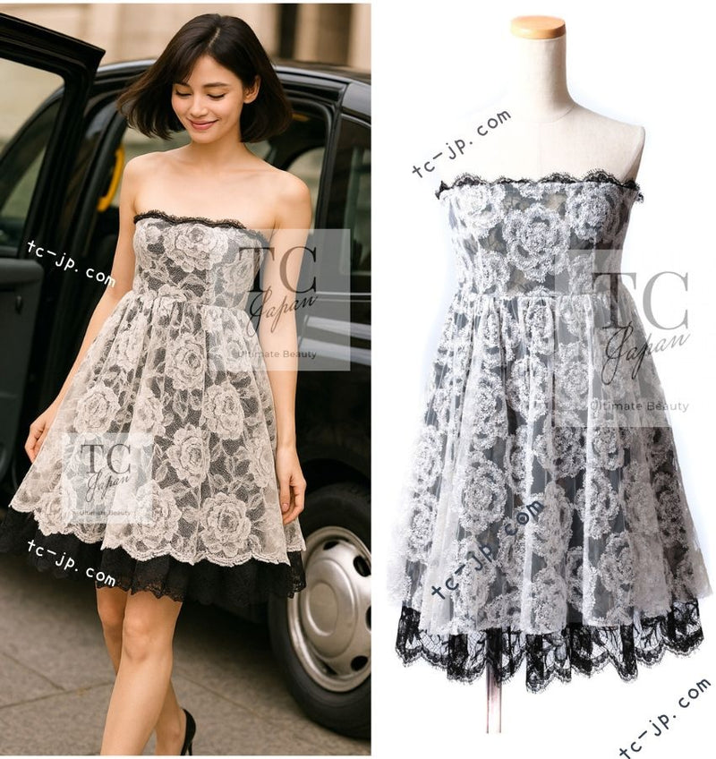 CHANEL 10S Ivory White Camellia Lace Party Strapless Dress 34 シャネル アイボリー ホワイト カメリア レース パーティー ワンピース ドレス 即発