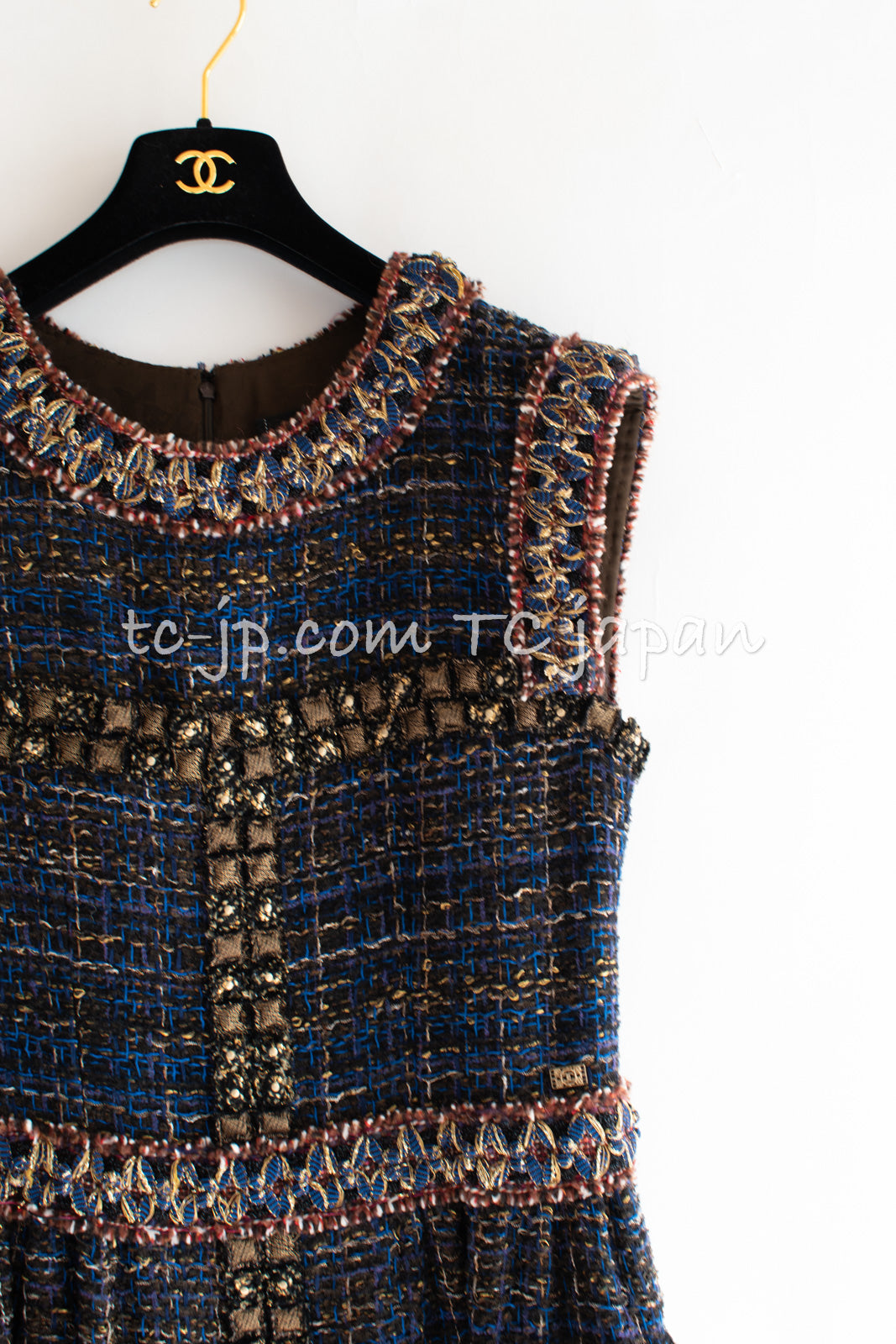 CHANEL 11PF Navy Blue Braid Trimming Tweed Dress 40 シャネル ネイビー ブルー ブレイドトリム  ツイード ワンピース 即発