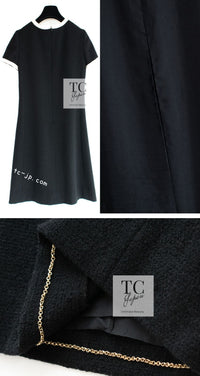 CHANEL 05A Black Beige Trim CC Buttons Wool Dress 36 38 シャネル ブラック ベージュ トリム ココボタン 半袖 ウール ワンピース 即発