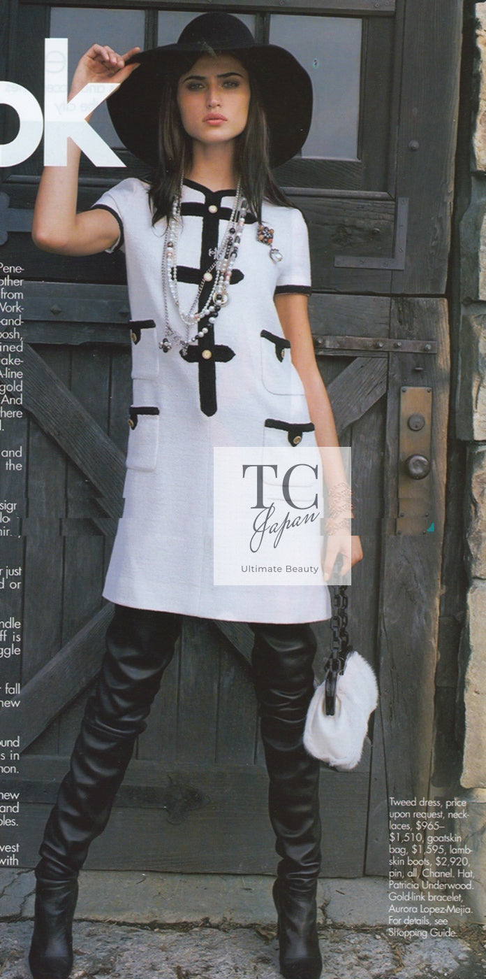 CHANEL 05A Cream Black Trim CC Buttons Wool Dress 34 シャネル クリーム ブラック トリム ココボタン 半袖 ウール ワンピース 即発