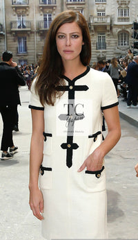 CHANEL 05A Cream Black Trim CC Buttons Wool Dress 34 シャネル クリーム ブラック トリム ココボタン 半袖 ウール ワンピース 即発