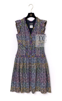 CHANEL 11S Black Pink Blue Multi color Zipper Tweed Dress 38 シャネル ブラック ブルー ピンク ブルー マルチカラー ジッパー ツイード ワンピース