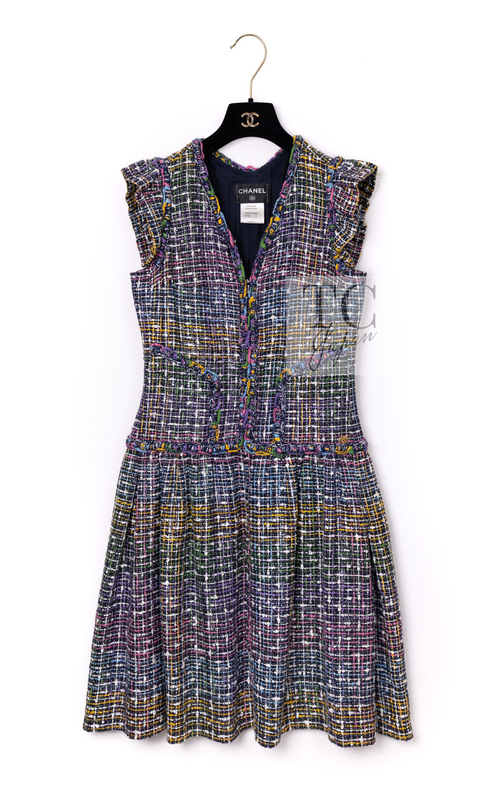 CHANEL 11S Black Pink Blue Multi color Zipper Tweed Dress 38 シャネル ブラック ブルー ピンク ブルー マルチカラー ジッパー ツイード ワンピース