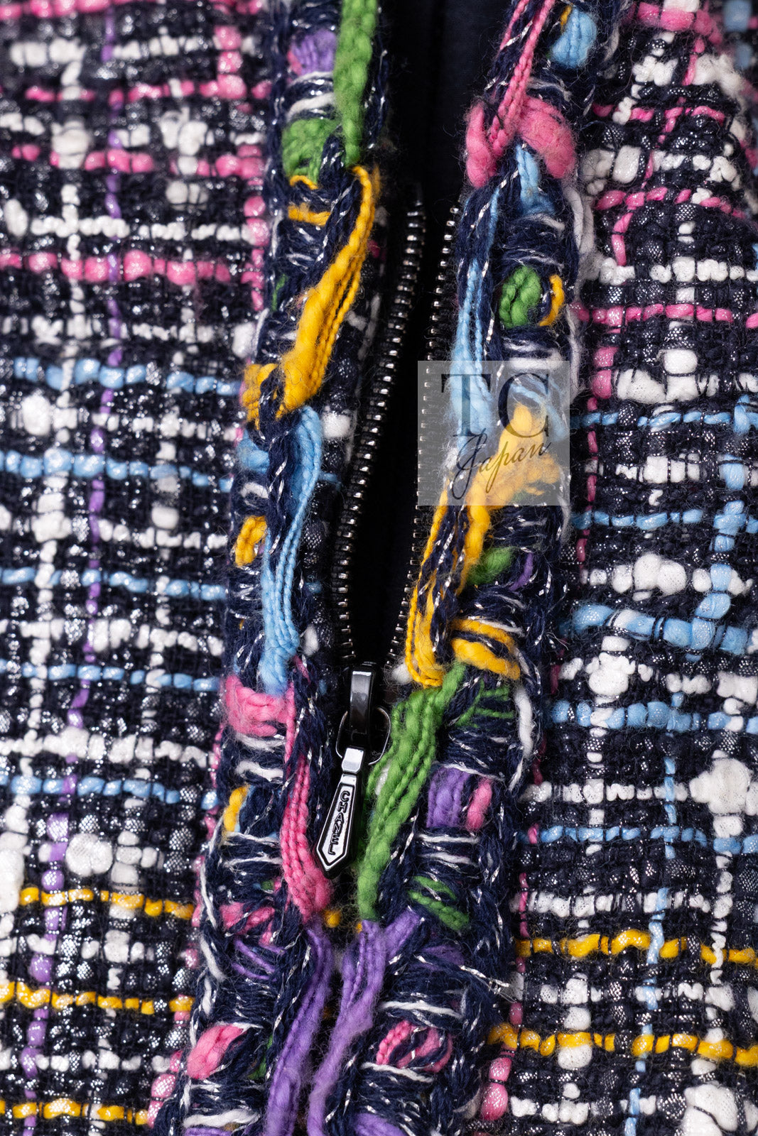 CHANEL 11S Black Pink Blue Multi color Zipper Tweed Dress 38 シャネル ブラック ブルー ピンク ブルー マルチカラー ジッパー ツイード ワンピース