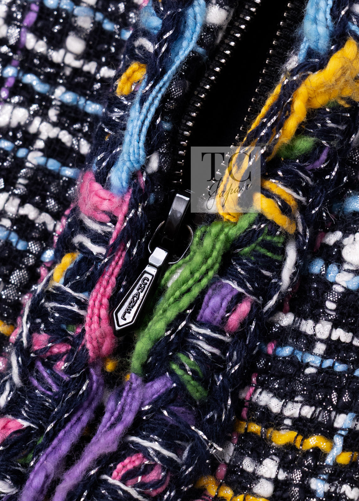 CHANEL 11S Black Pink Blue Multi color Zipper Tweed Dress 38 シャネル ブラック ブルー ピンク ブルー マルチカラー ジッパー ツイード ワンピース