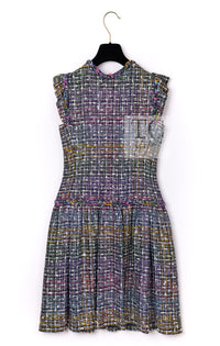 CHANEL 11S Black Pink Blue Multi color Zipper Tweed Dress 38 シャネル ブラック ブルー ピンク ブルー マルチカラー ジッパー ツイード ワンピース