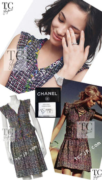 CHANEL 11S Black Pink Blue Multi color Zipper Tweed Dress 38 シャネル ブラック ブルー ピンク ブルー マルチカラー ジッパー ツイード ワンピース