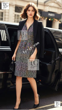 CHANEL 11S Black Pink Blue Multi color Zipper Tweed Dress 38 シャネル ブラック ブルー ピンク ブルー マルチカラー ジッパー ツイード ワンピース