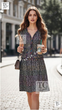 CHANEL 11S Black Pink Blue Multi color Zipper Tweed Dress 38 シャネル ブラック ブルー ピンク ブルー マルチカラー ジッパー ツイード ワンピース