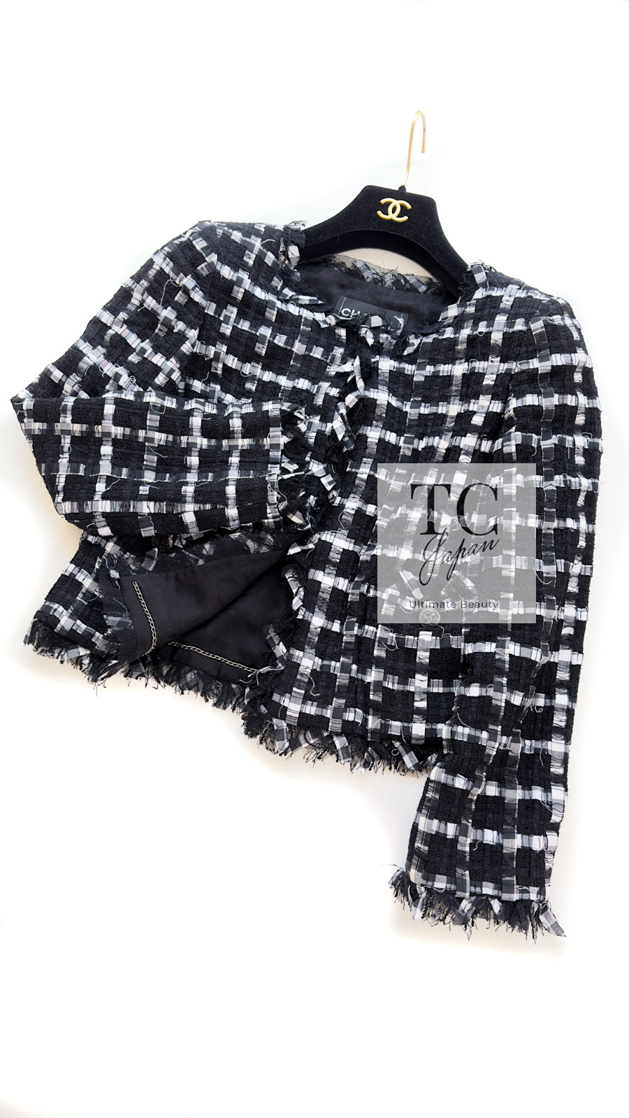 CHANEL 11C Black White Check Cardigan Jacket Gripox Button 38 11
