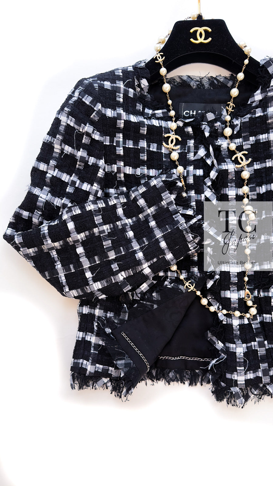 CHANEL 11C Black White Check Cardigan Jacket Gripox Button 38 5